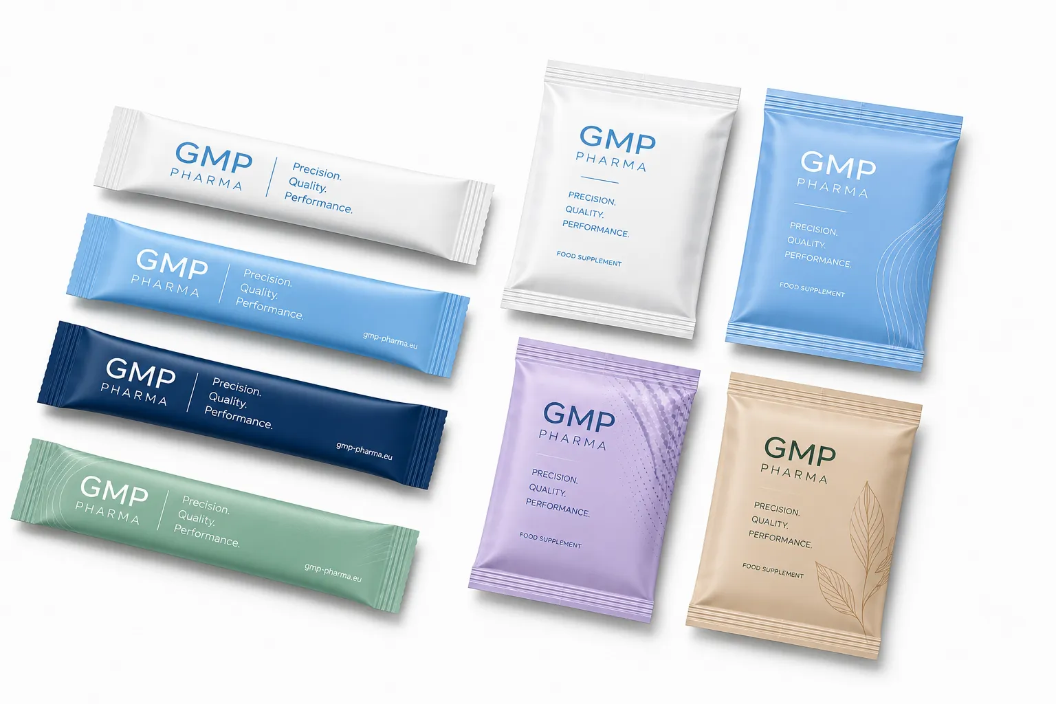 GMP Pharma branded stick pack and sachet formats in multiple colors, laid out together